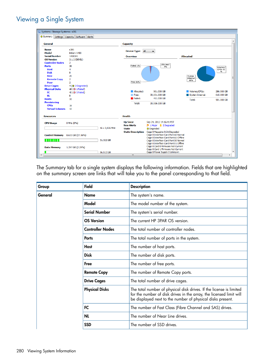 Viewing a single system | HP 3PAR Operating System Software User Manual | Page 280 / 424