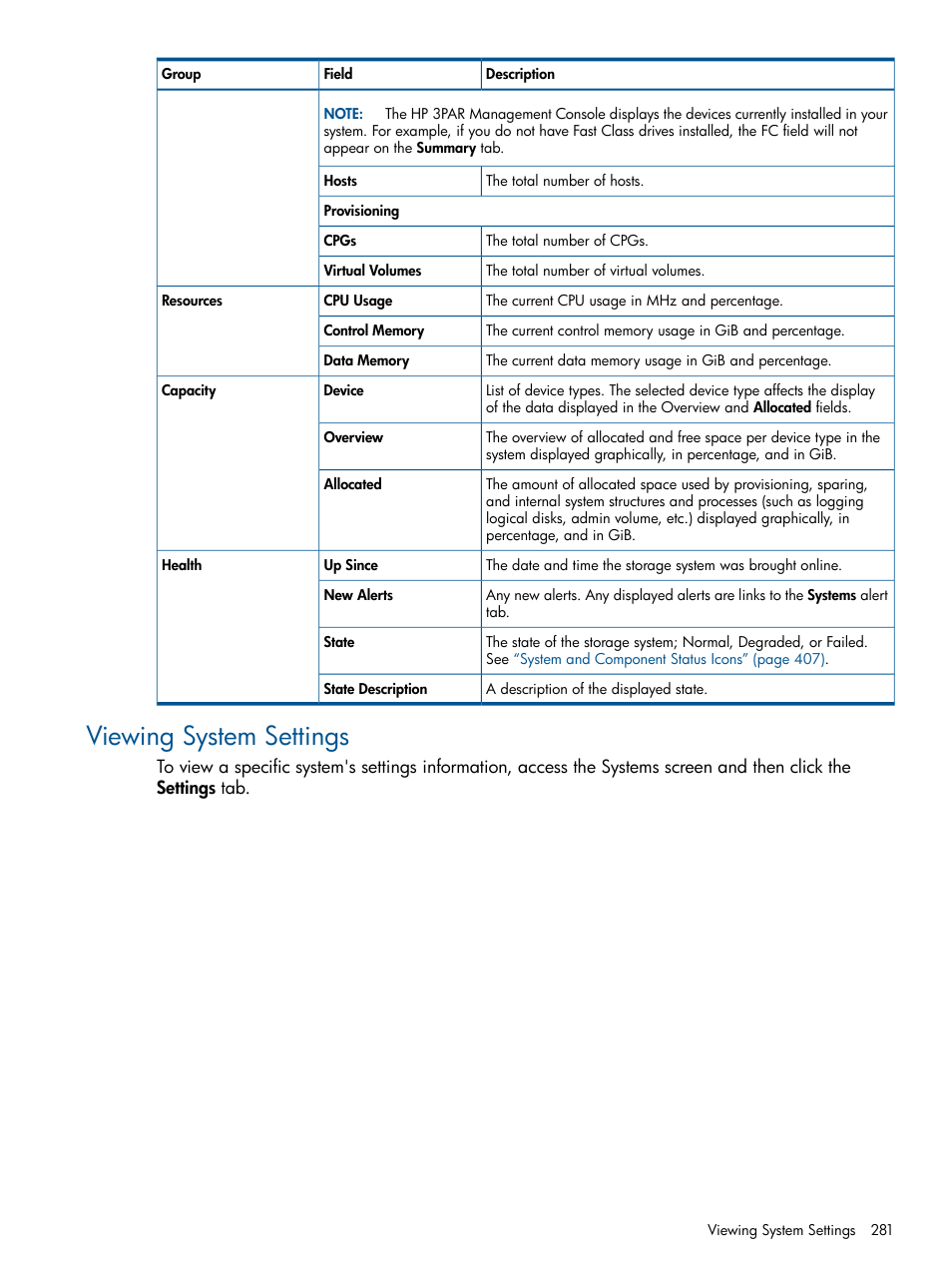 Viewing system settings | HP 3PAR Operating System Software User Manual | Page 281 / 424