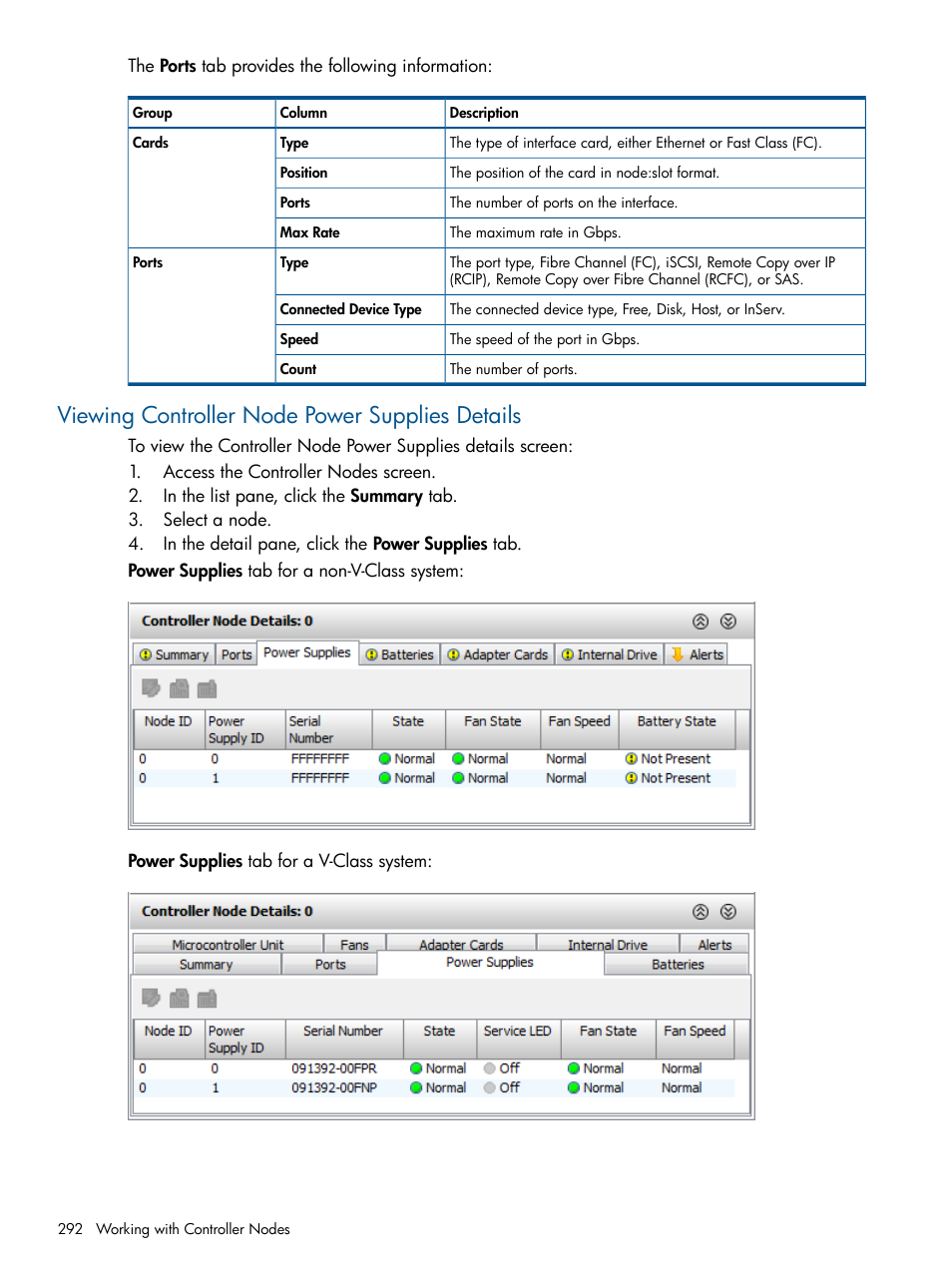 Viewing controller node power supplies details | HP 3PAR Operating System Software User Manual | Page 292 / 424