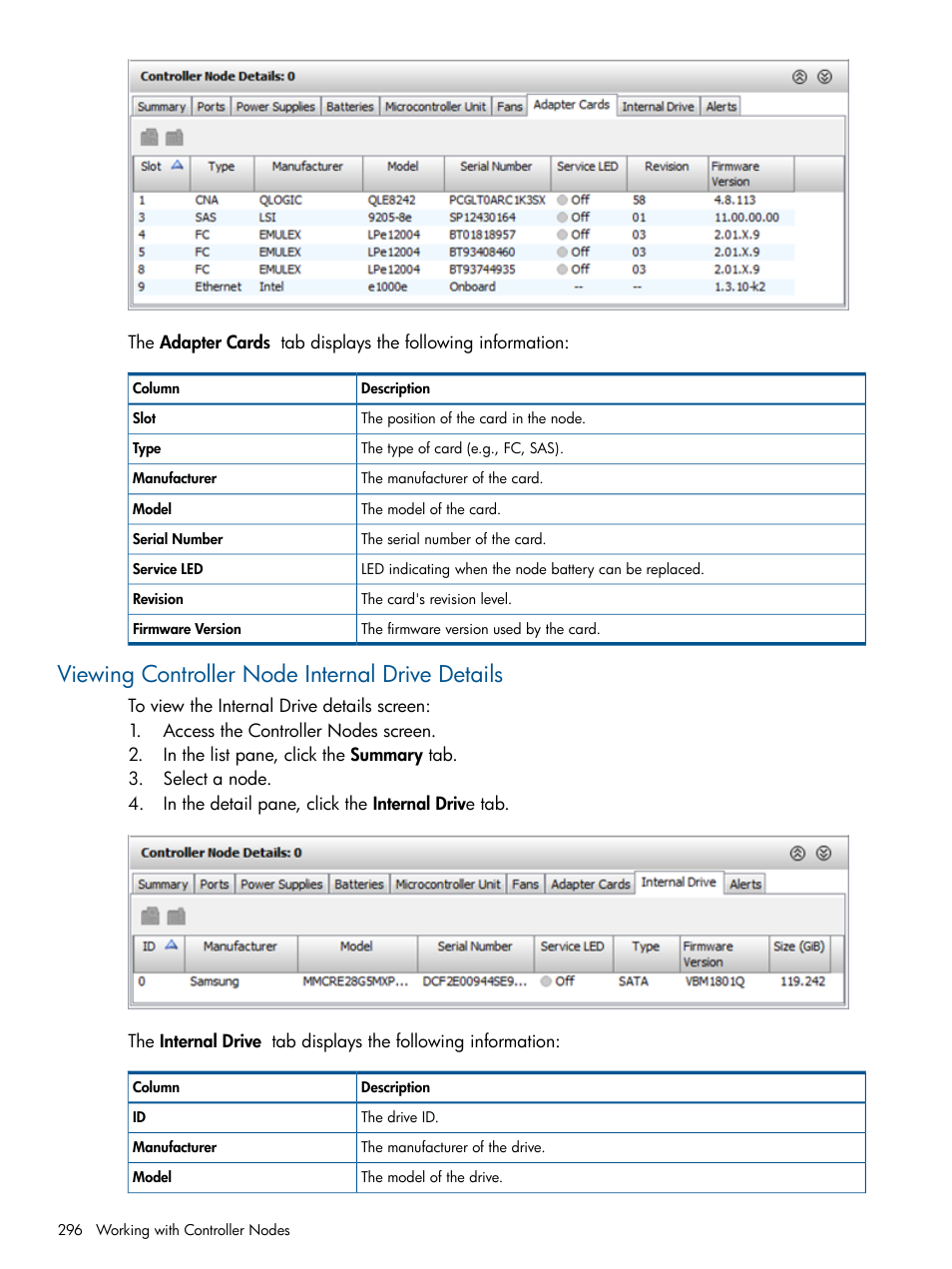 Viewing controller node internal drive details | HP 3PAR Operating System Software User Manual | Page 296 / 424