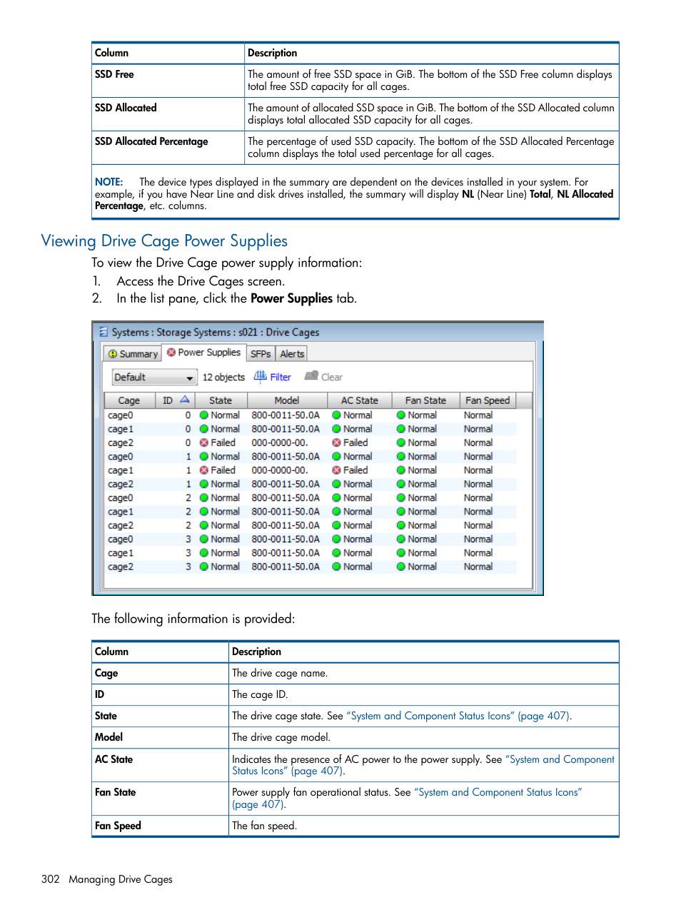 Viewing drive cage power supplies | HP 3PAR Operating System Software User Manual | Page 302 / 424