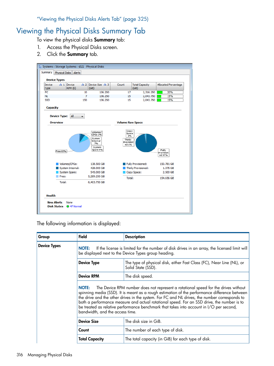 Viewing the physical disks summary tab | HP 3PAR Operating System Software User Manual | Page 316 / 424