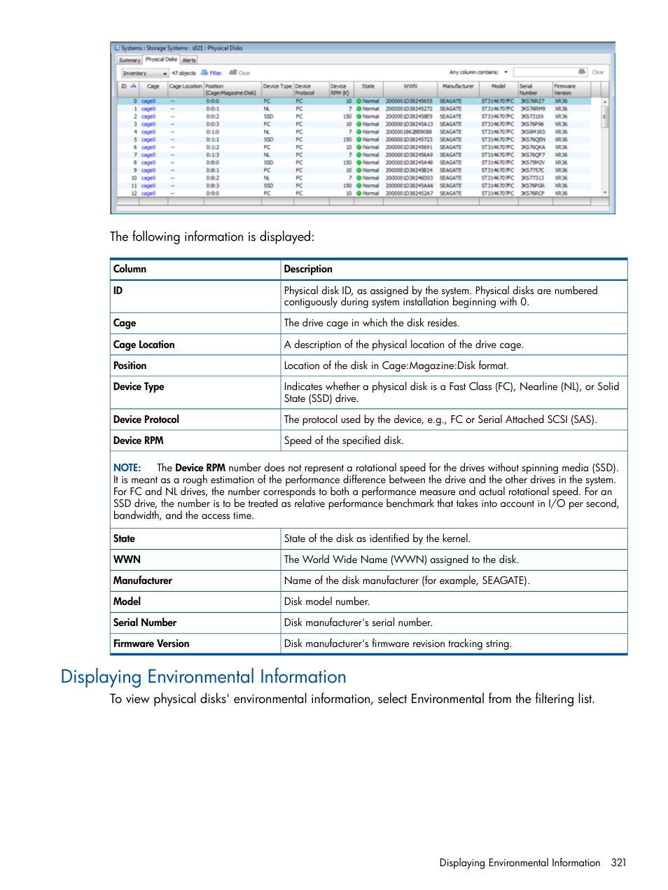 Displaying environmental information | HP 3PAR Operating System Software User Manual | Page 321 / 424