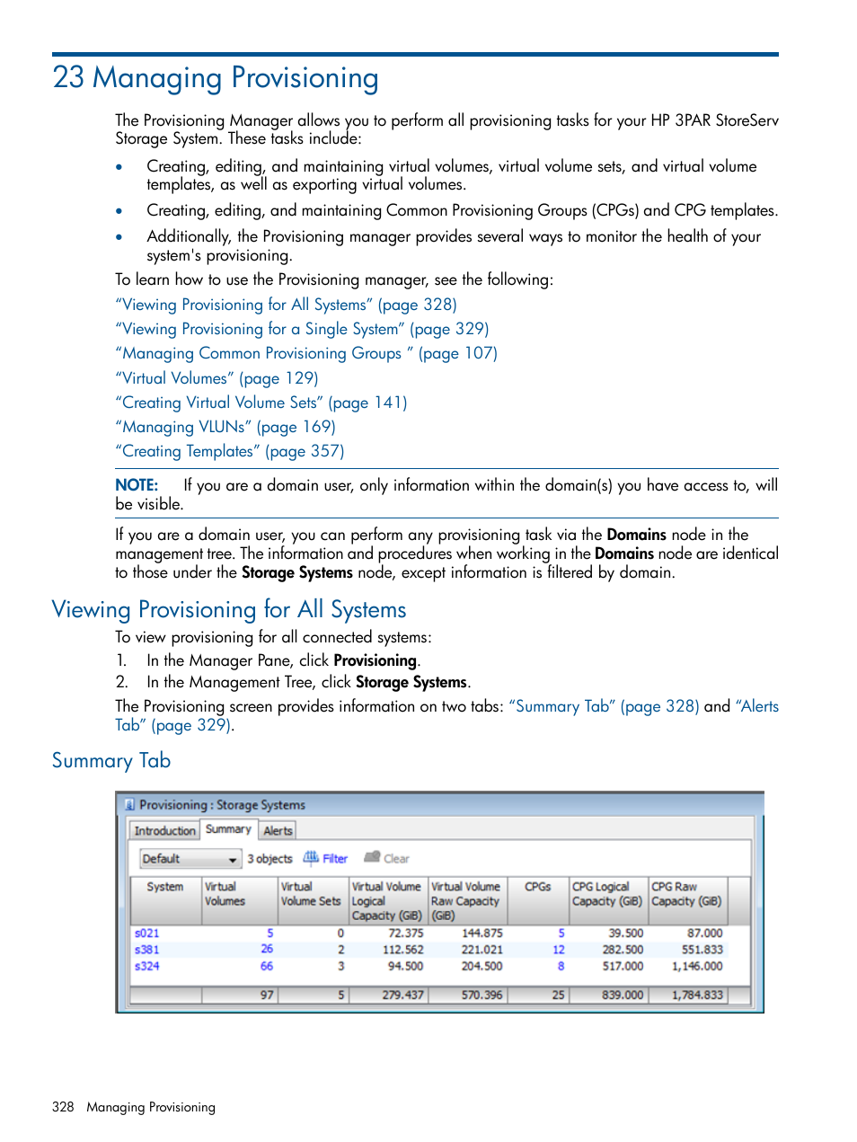 23 managing provisioning, Viewing provisioning for all systems, Summary tab | HP 3PAR Operating System Software User Manual | Page 328 / 424