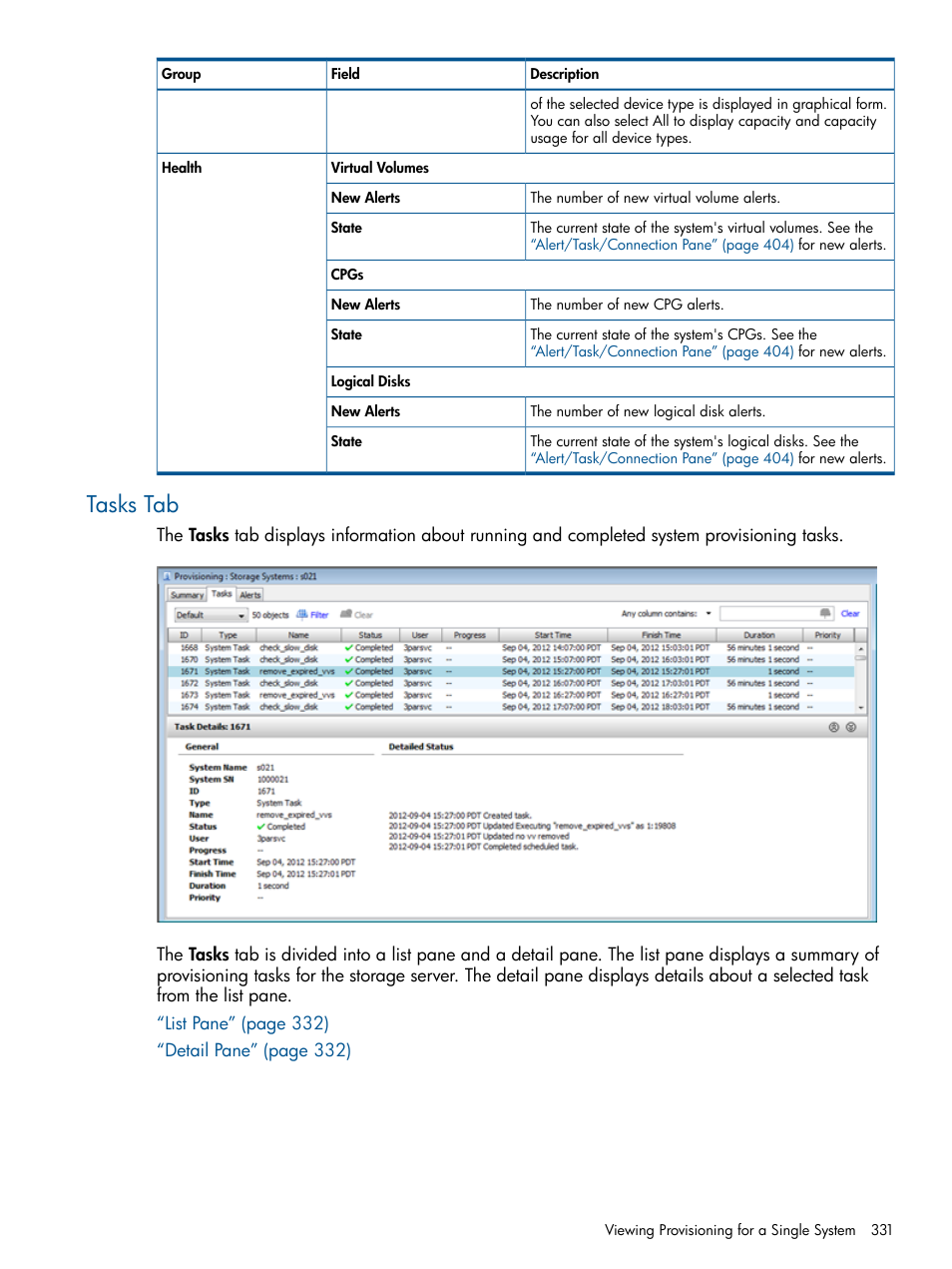 Tasks tab | HP 3PAR Operating System Software User Manual | Page 331 / 424