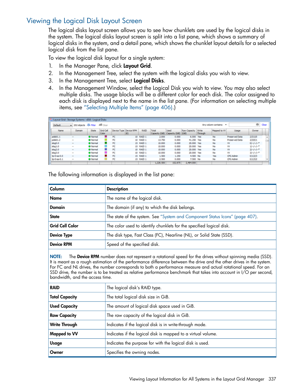 Viewing the logical disk layout screen | HP 3PAR Operating System Software User Manual | Page 337 / 424