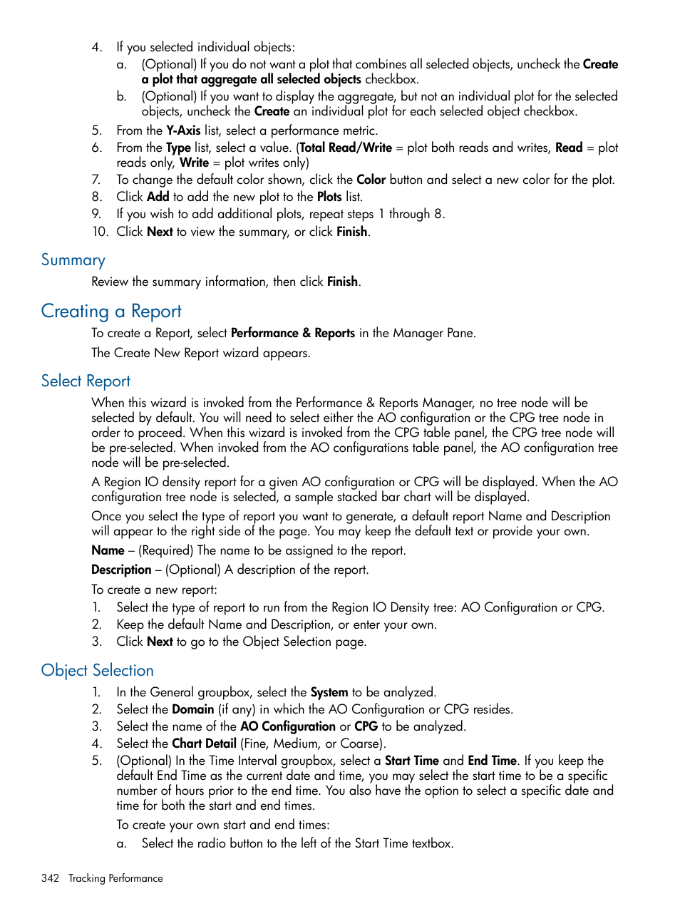 Summary, Creating a report, Select report | Object selection, Select report object selection | HP 3PAR Operating System Software User Manual | Page 342 / 424