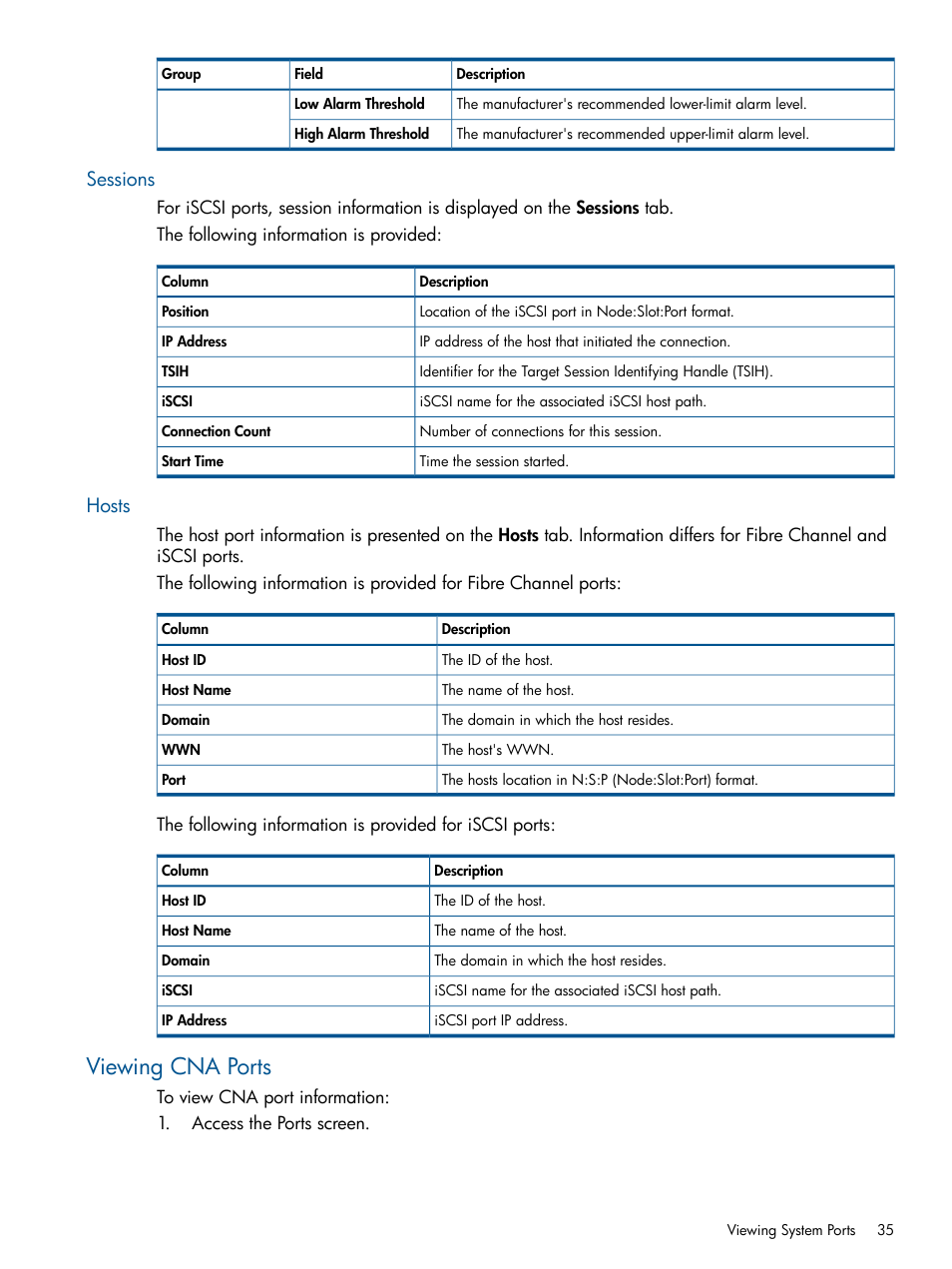 Sessions, Hosts, Viewing cna ports | Sessions hosts | HP 3PAR Operating System Software User Manual | Page 35 / 424