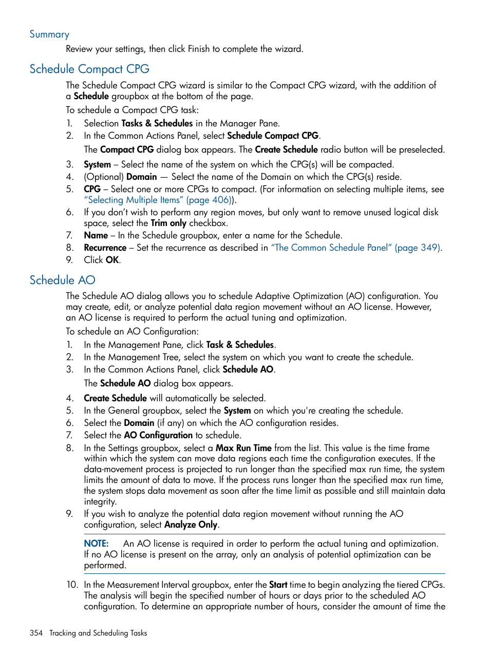 Summary, Schedule compact cpg, Schedule ao | Schedule compact cpg schedule ao | HP 3PAR Operating System Software User Manual | Page 354 / 424