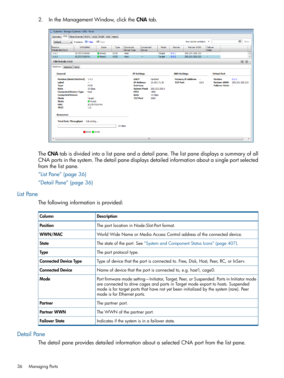 List pane, Detail pane, List pane detail pane | HP 3PAR Operating System Software User Manual | Page 36 / 424