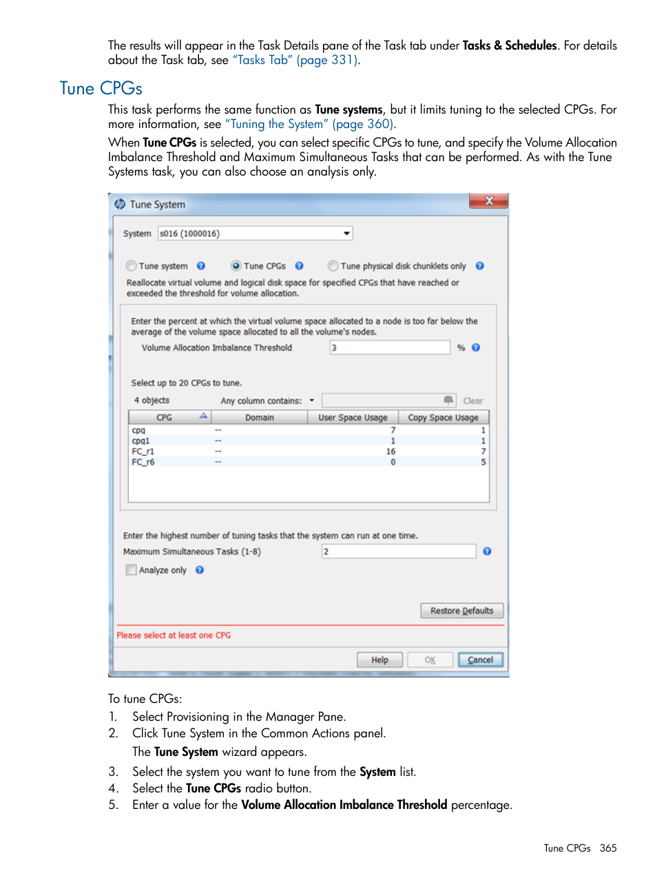 Tune cpgs | HP 3PAR Operating System Software User Manual | Page 365 / 424