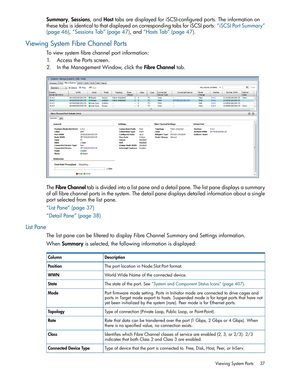 Viewing system fibre channel ports, List pane | HP 3PAR Operating System Software User Manual | Page 37 / 424