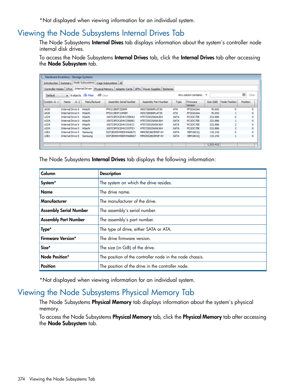 Viewing the node subsystems internal drives tab, Viewing the node subsystems physical memory tab | HP 3PAR Operating System Software User Manual | Page 374 / 424