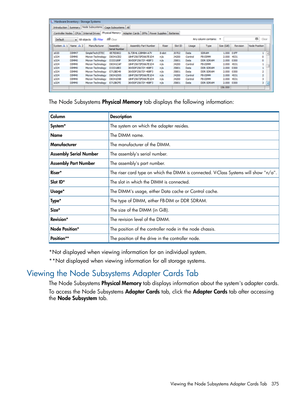 Viewing the node subsystems adapter cards tab | HP 3PAR Operating System Software User Manual | Page 375 / 424