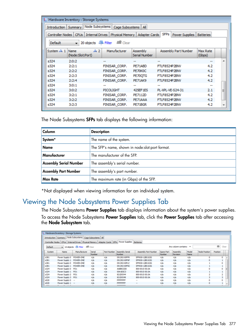 Viewing the node subsystems power supplies tab | HP 3PAR Operating System Software User Manual | Page 377 / 424
