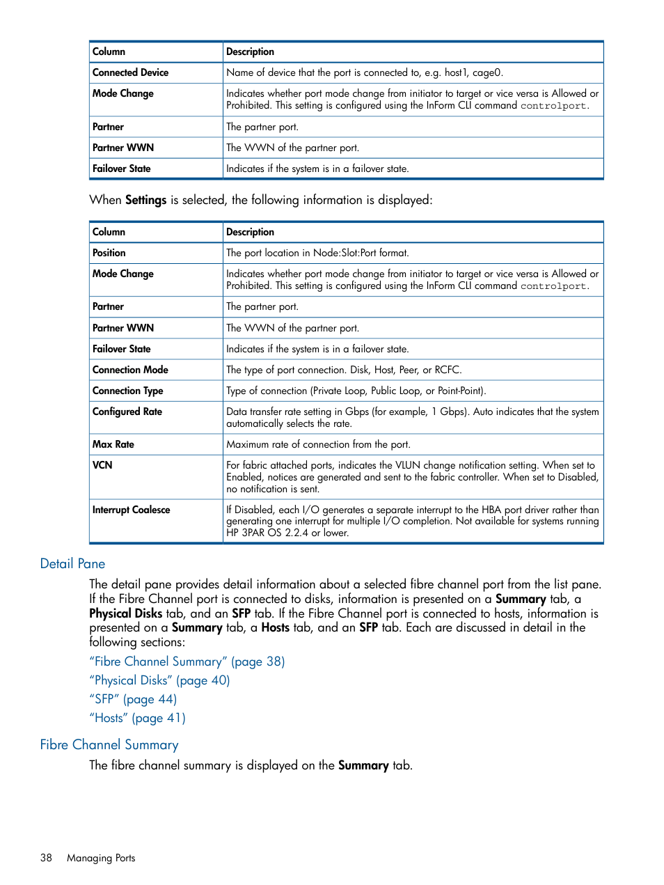 Detail pane, Fibre channel summary, Detail pane fibre channel summary | HP 3PAR Operating System Software User Manual | Page 38 / 424