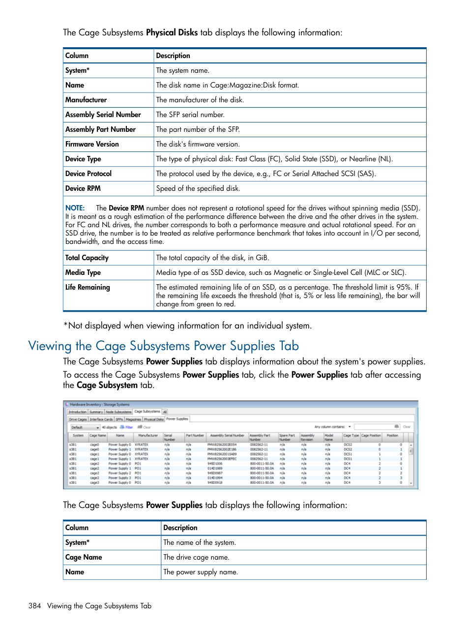 Viewing the cage subsystems power supplies tab | HP 3PAR Operating System Software User Manual | Page 384 / 424