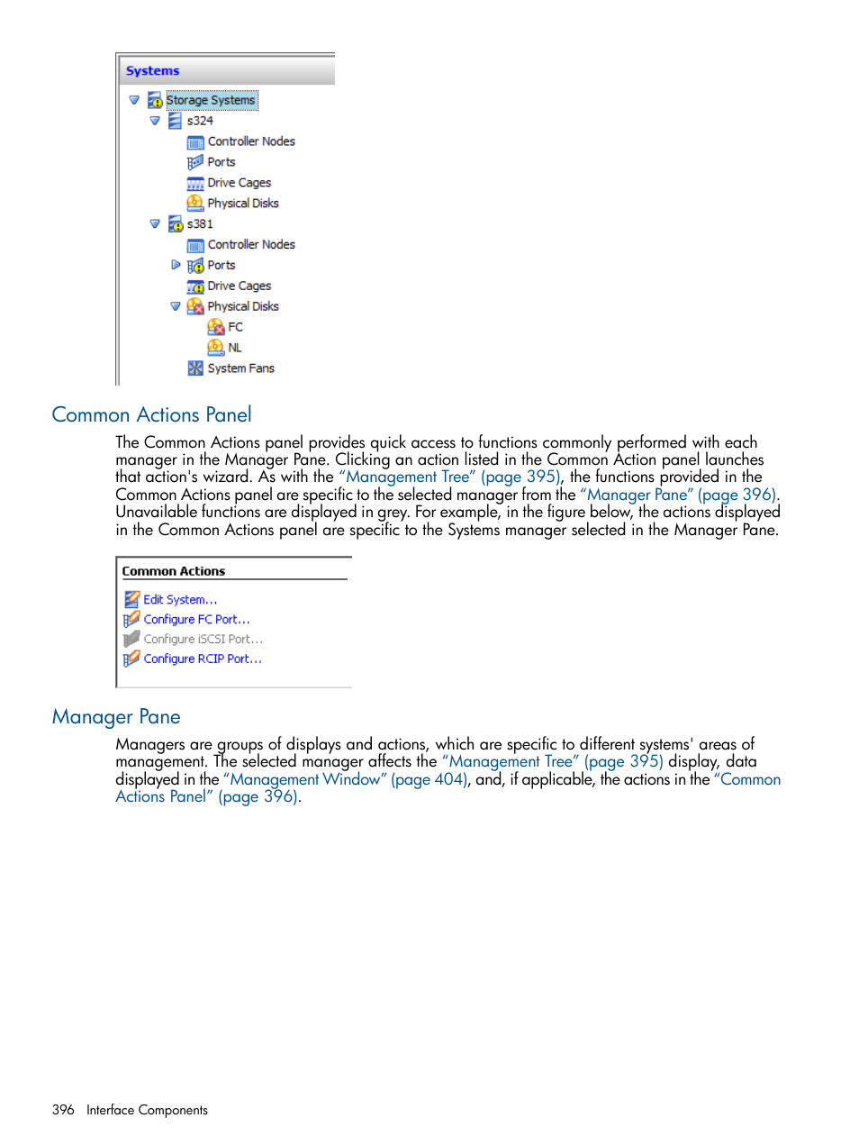 Common actions panel, Manager pane, Common actions panel manager pane | Manager | HP 3PAR Operating System Software User Manual | Page 396 / 424