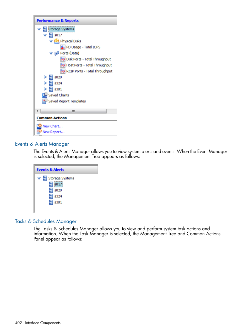 Events & alerts manager, Tasks & schedules manager, Events & alerts manager tasks & schedules manager | HP 3PAR Operating System Software User Manual | Page 402 / 424