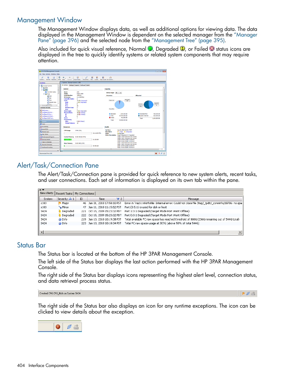 Management window, Alert/task/connection pane, Status bar | Alert/task/connection | HP 3PAR Operating System Software User Manual | Page 404 / 424