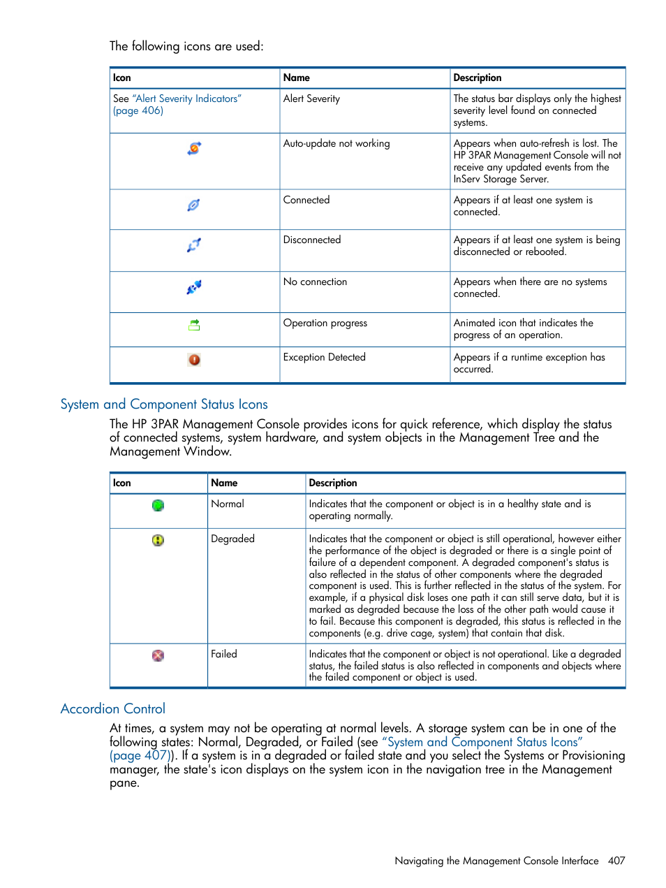 System and component status icons, Accordion control, System and component status | System and, System and component, System | HP 3PAR Operating System Software User Manual | Page 407 / 424