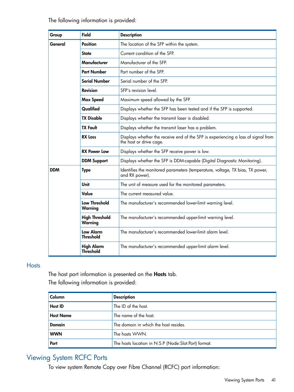 Hosts, Viewing system rcfc ports | HP 3PAR Operating System Software User Manual | Page 41 / 424