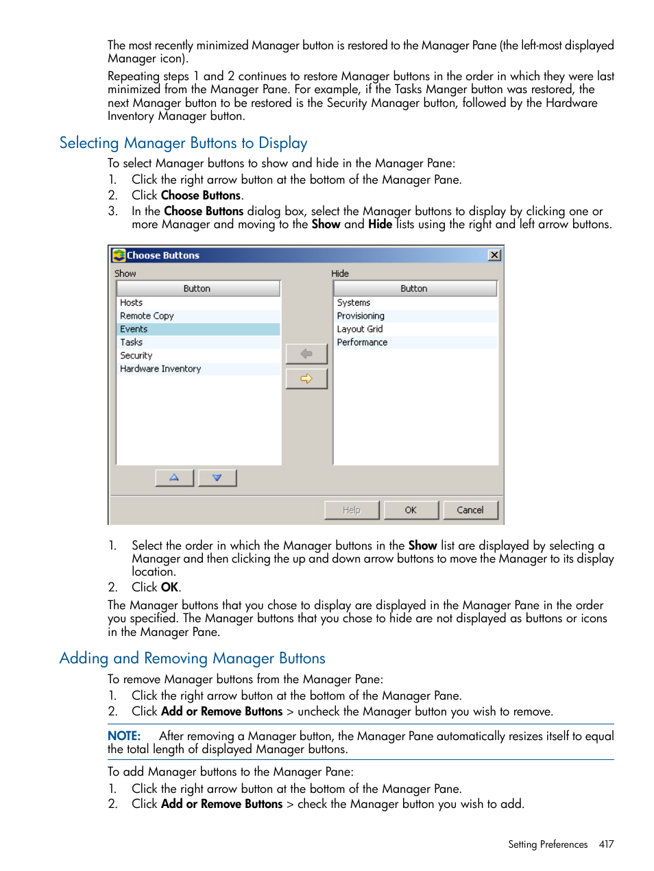 Selecting manager buttons to display, Adding and removing manager buttons | HP 3PAR Operating System Software User Manual | Page 417 / 424