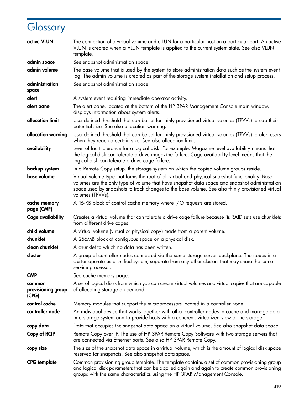 Glossary | HP 3PAR Operating System Software User Manual | Page 419 / 424
