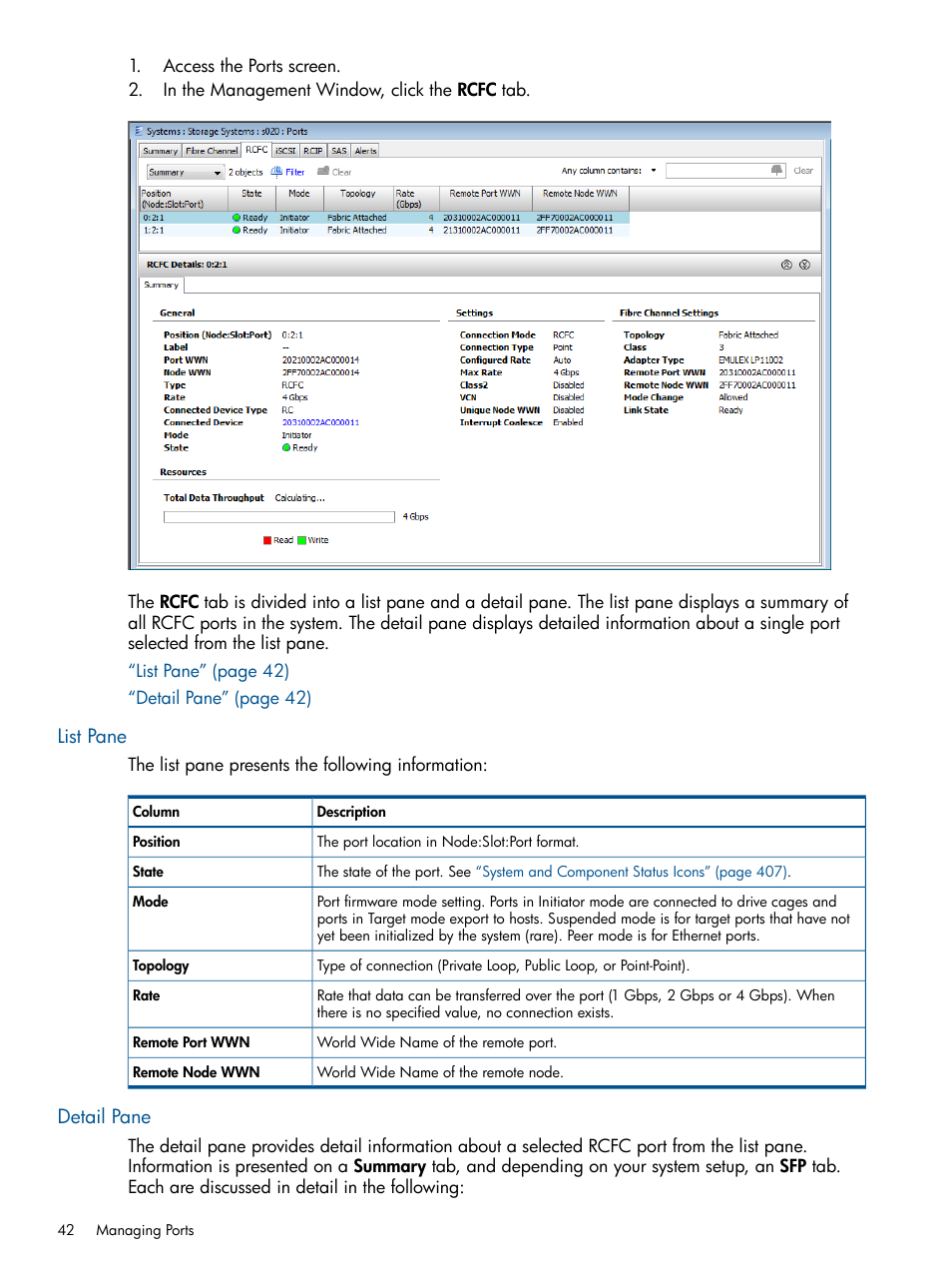 List pane, Detail pane, List pane detail pane | HP 3PAR Operating System Software User Manual | Page 42 / 424