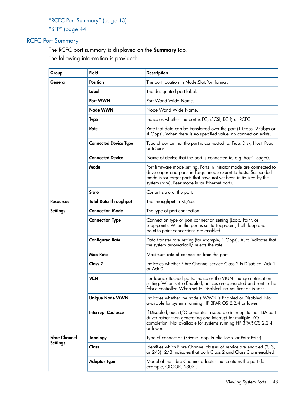 Rcfc port summary | HP 3PAR Operating System Software User Manual | Page 43 / 424