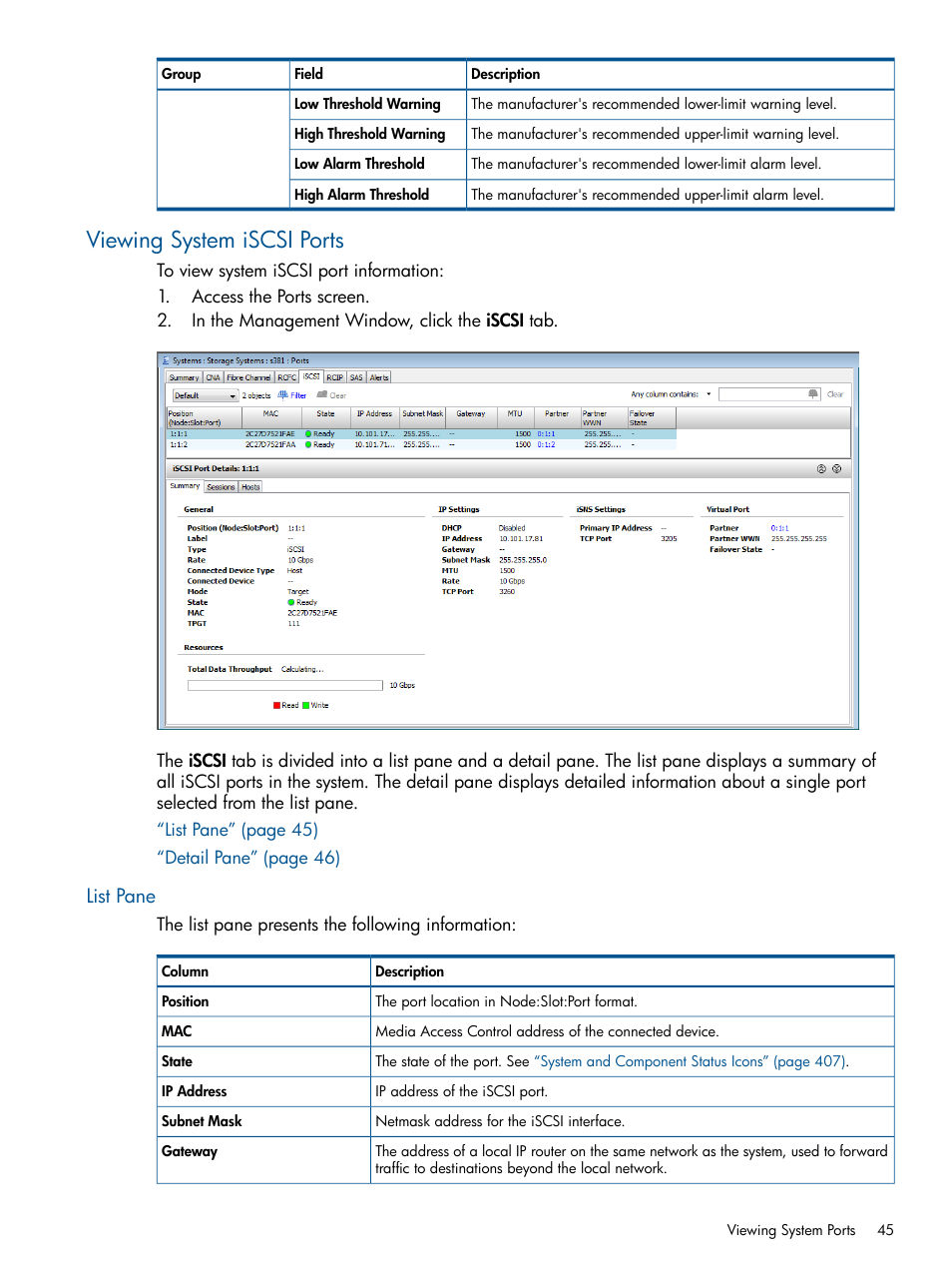 Viewing system iscsi ports, List pane | HP 3PAR Operating System Software User Manual | Page 45 / 424