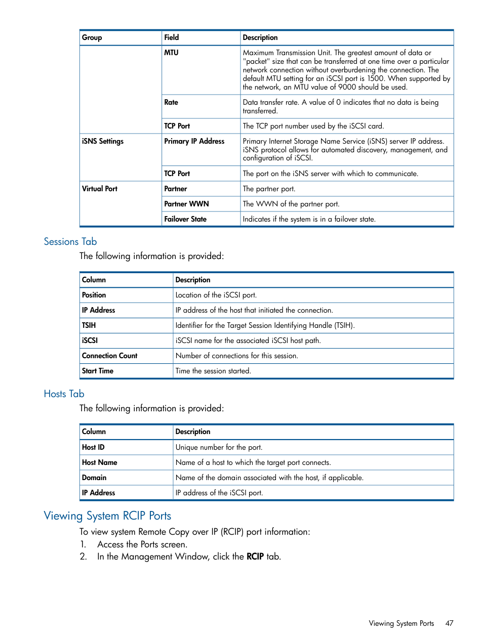 Sessions tab, Hosts tab, Viewing system rcip ports | Sessions tab hosts tab | HP 3PAR Operating System Software User Manual | Page 47 / 424