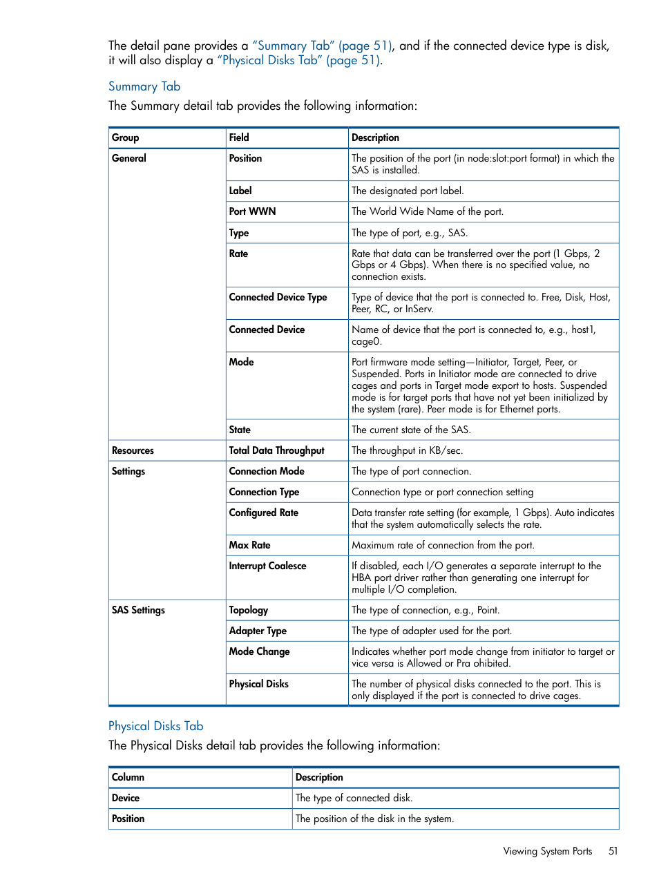 Summary tab, Physical disks tab, Summary tab physical disks tab | HP 3PAR Operating System Software User Manual | Page 51 / 424