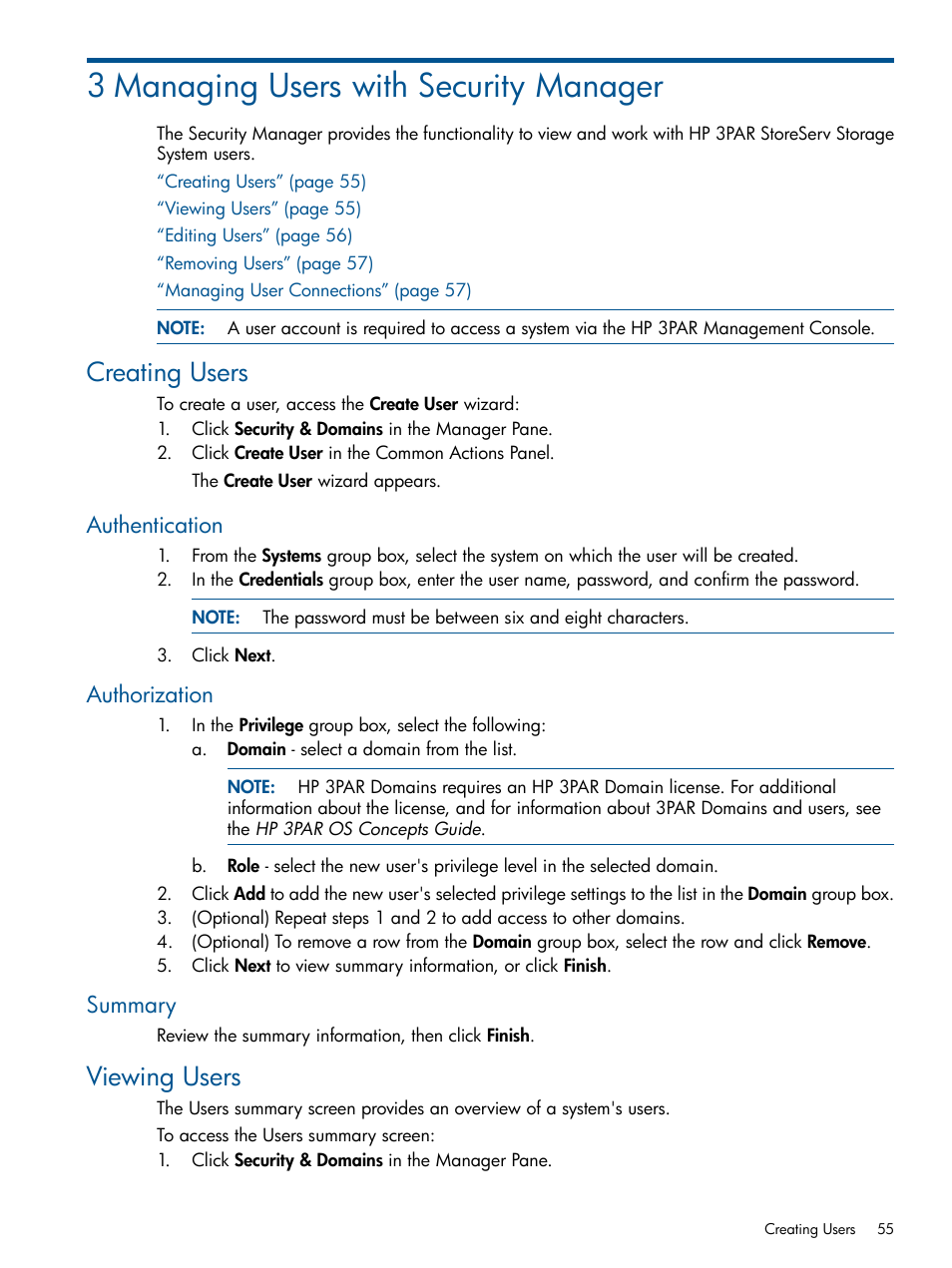 3 managing users with security manager, Creating users, Authentication | Authorization, Summary, Viewing users, Authentication authorization summary | HP 3PAR Operating System Software User Manual | Page 55 / 424