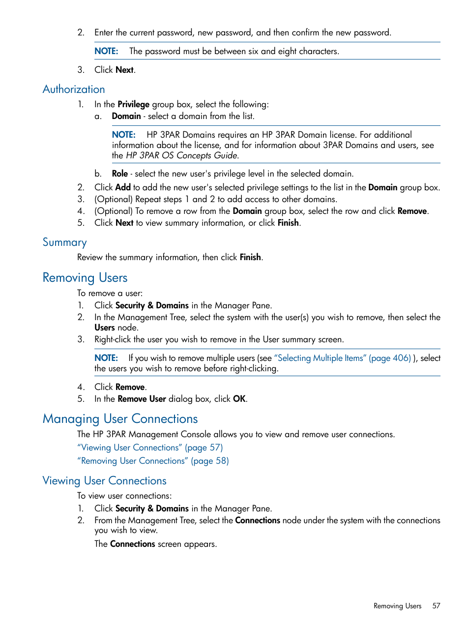 Authorization, Summary, Removing users | Managing user connections, Viewing user connections, Authorization summary, Removing users managing user connections | HP 3PAR Operating System Software User Manual | Page 57 / 424