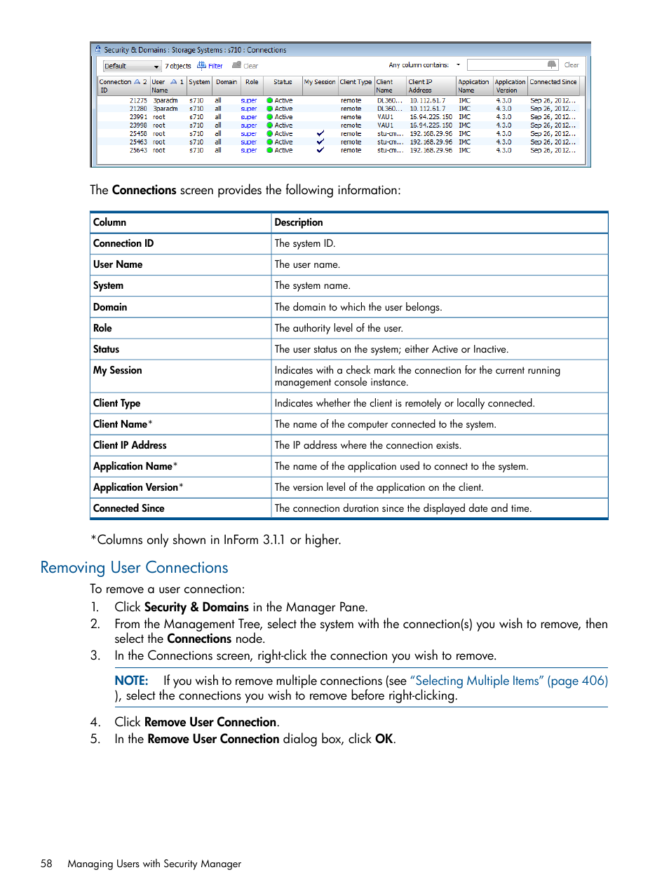 Removing user connections | HP 3PAR Operating System Software User Manual | Page 58 / 424