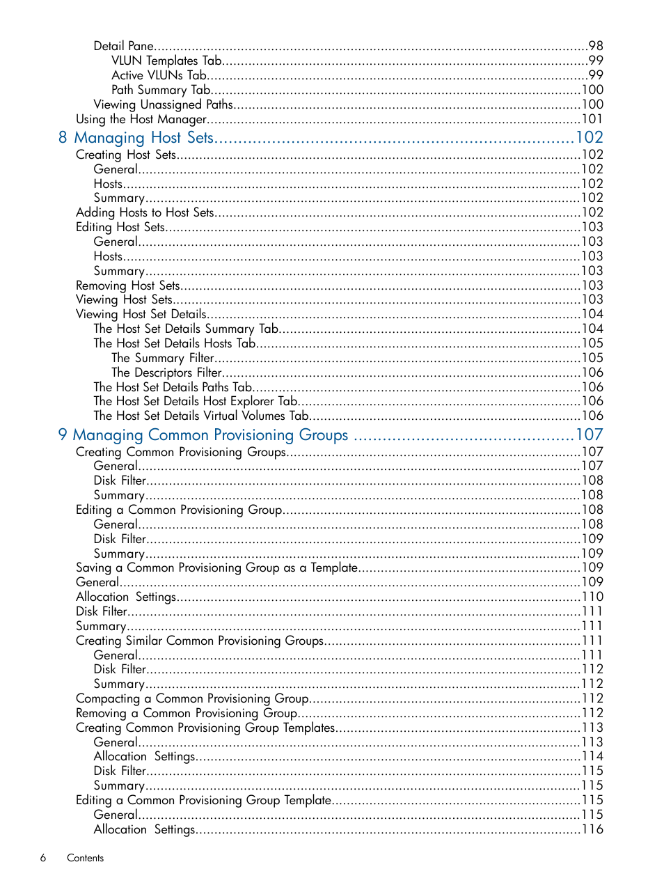 8 managing host sets, 9 managing common provisioning groups | HP 3PAR Operating System Software User Manual | Page 6 / 424