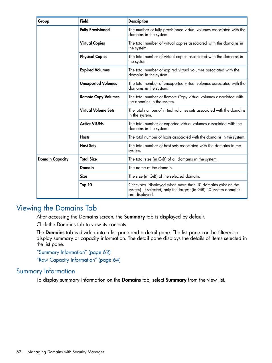 Viewing the domains tab, Summary information | HP 3PAR Operating System Software User Manual | Page 62 / 424