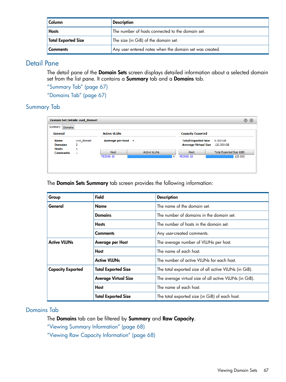 Detail pane, Summary tab, Domains tab | Summary tab domains tab | HP 3PAR Operating System Software User Manual | Page 67 / 424