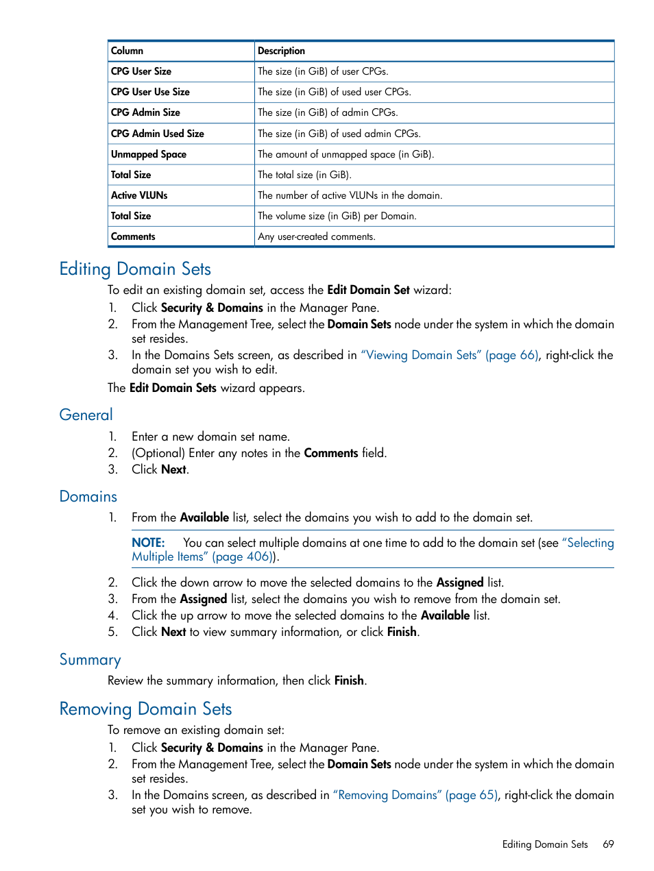 Editing domain sets, General, Domains | Summary, Removing domain sets, General domains summary | HP 3PAR Operating System Software User Manual | Page 69 / 424