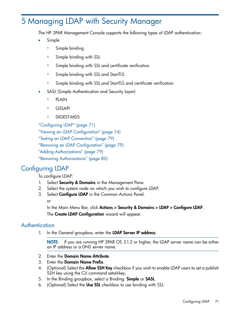 5 managing ldap with security manager, Configuring ldap, Authentication | HP 3PAR Operating System Software User Manual | Page 71 / 424
