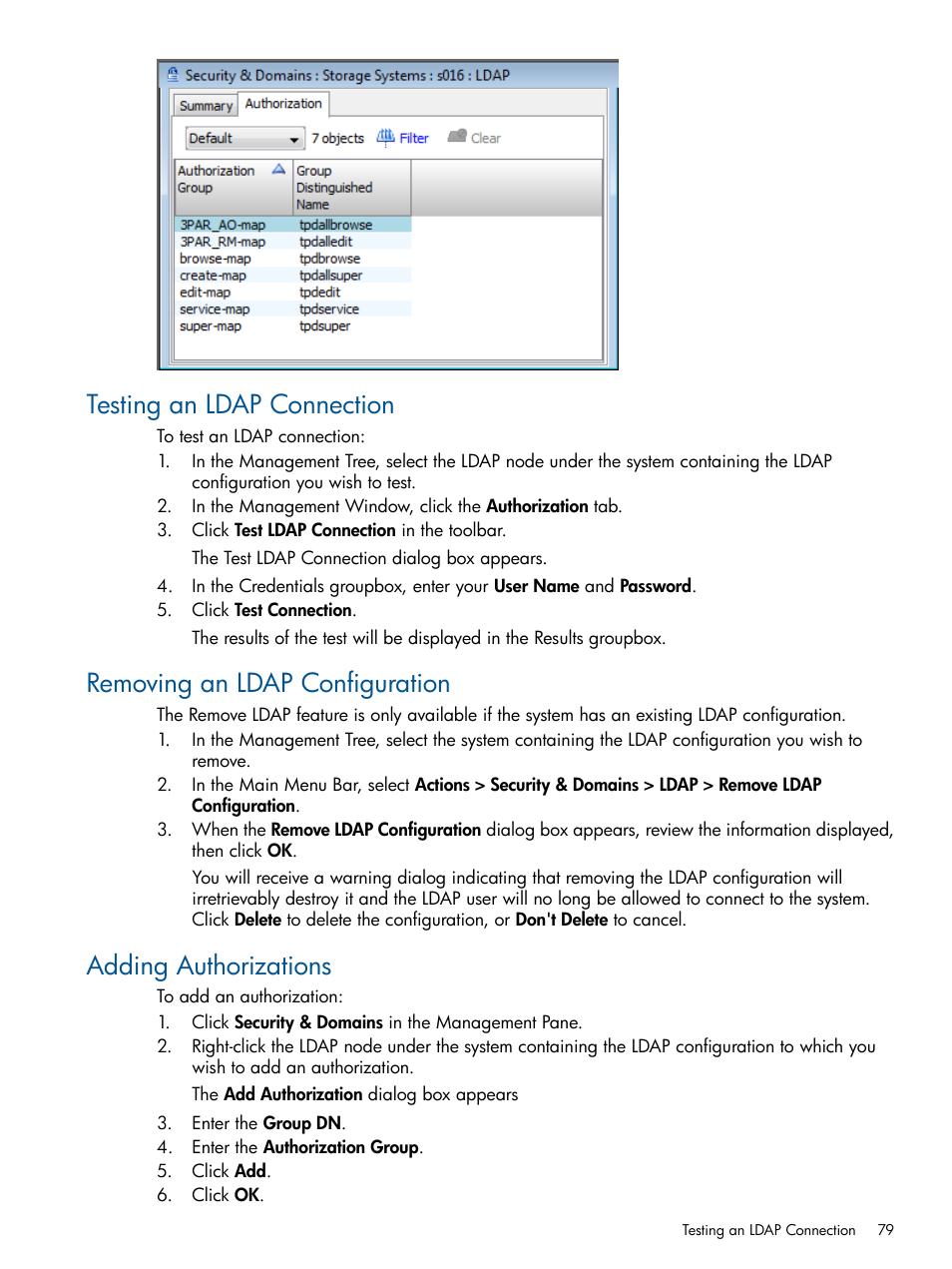 Testing an ldap connection, Removing an ldap configuration, Adding authorizations | HP 3PAR Operating System Software User Manual | Page 79 / 424