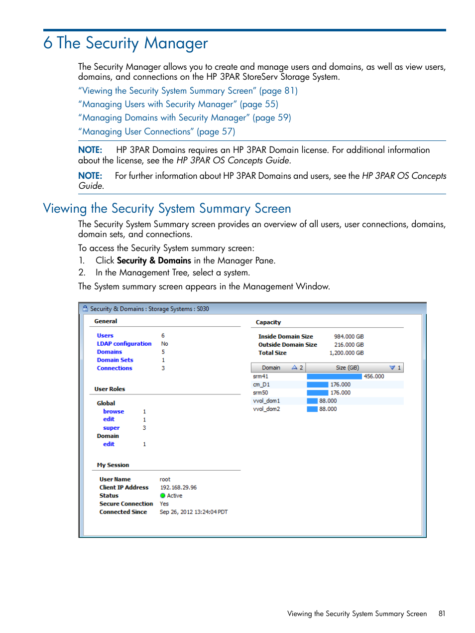 6 the security manager, Viewing the security system summary screen | HP 3PAR Operating System Software User Manual | Page 81 / 424