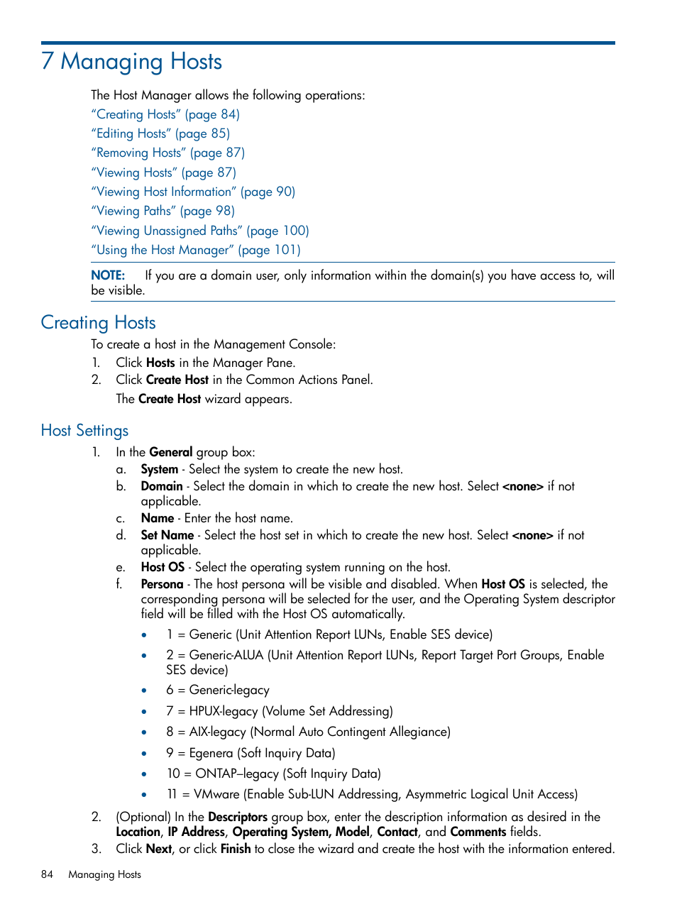 7 managing hosts, Creating hosts, Host settings | HP 3PAR Operating System Software User Manual | Page 84 / 424