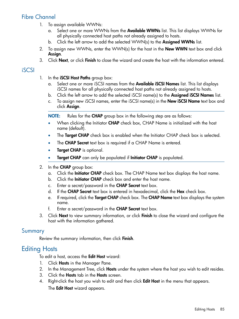 Fibre channel, Iscsi, Summary | Editing hosts, Fibre channel iscsi summary | HP 3PAR Operating System Software User Manual | Page 85 / 424