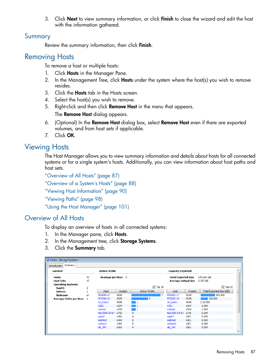 Summary, Removing hosts, Viewing hosts | Overview of all hosts, Removing hosts viewing hosts | HP 3PAR Operating System Software User Manual | Page 87 / 424