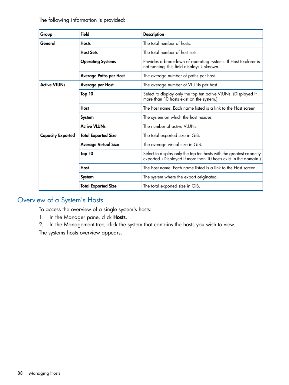Overview of a system's hosts | HP 3PAR Operating System Software User Manual | Page 88 / 424