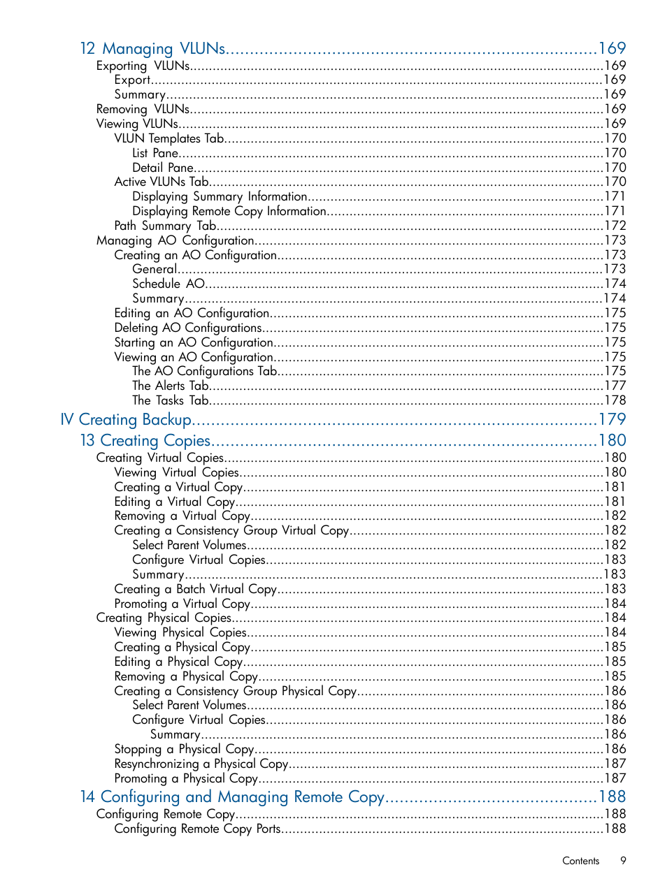 12 managing vluns, Iv creating backup 13 creating copies, 14 configuring and managing remote copy | HP 3PAR Operating System Software User Manual | Page 9 / 424