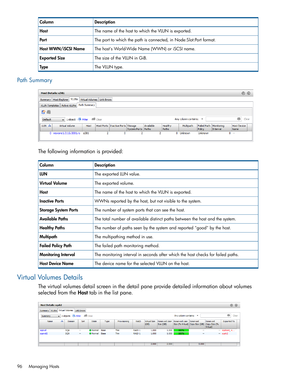 Path summary, Virtual volumes details | HP 3PAR Operating System Software User Manual | Page 96 / 424