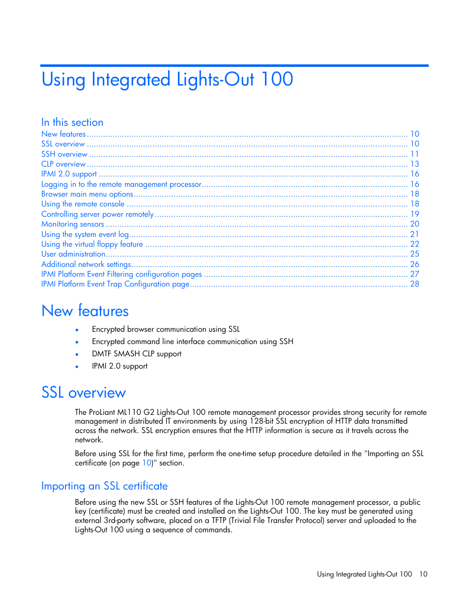 Using integrated lights-out 100, New features, Ssl overview | Importing an ssl certificate | HP Lights-Out 100 Remote Management User Manual | Page 10 / 32